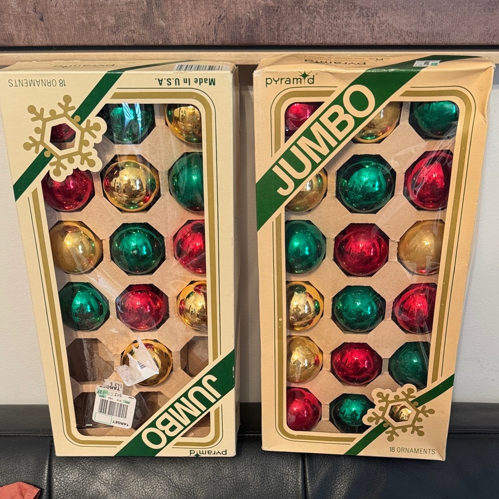 Vintage Pyramid Glass Ornaments 2set Red Gold Blue Green Shiny with Box